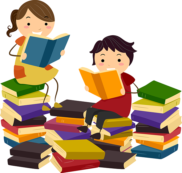 Image for Kids Corner page: Kids engrossed in reading, comfortably installed amid a pile of books